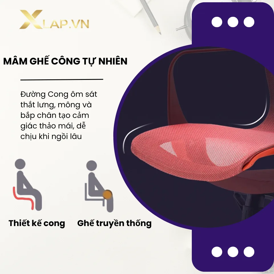 Mâm ghế cong tự nhiên của ghế công thái học Sihoo M77 - thiết kế ôm sát thắt lưng, mông và bắp chân, tạo cảm giác thoải mái khi ngồi lâu - XLAP.vn