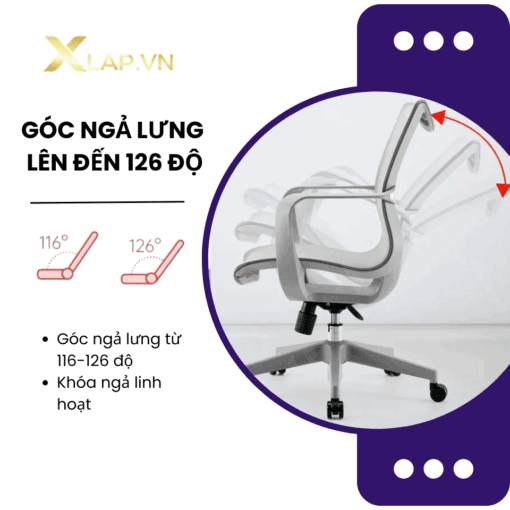 Góc ngả lưng 116 - 126 độ của ghế công thái học Sihoo M77 - cơ chế ngả linh hoạt, khóa ngả dễ dàng, hỗ trợ thư giãn khi làm việc - XLAP.vn